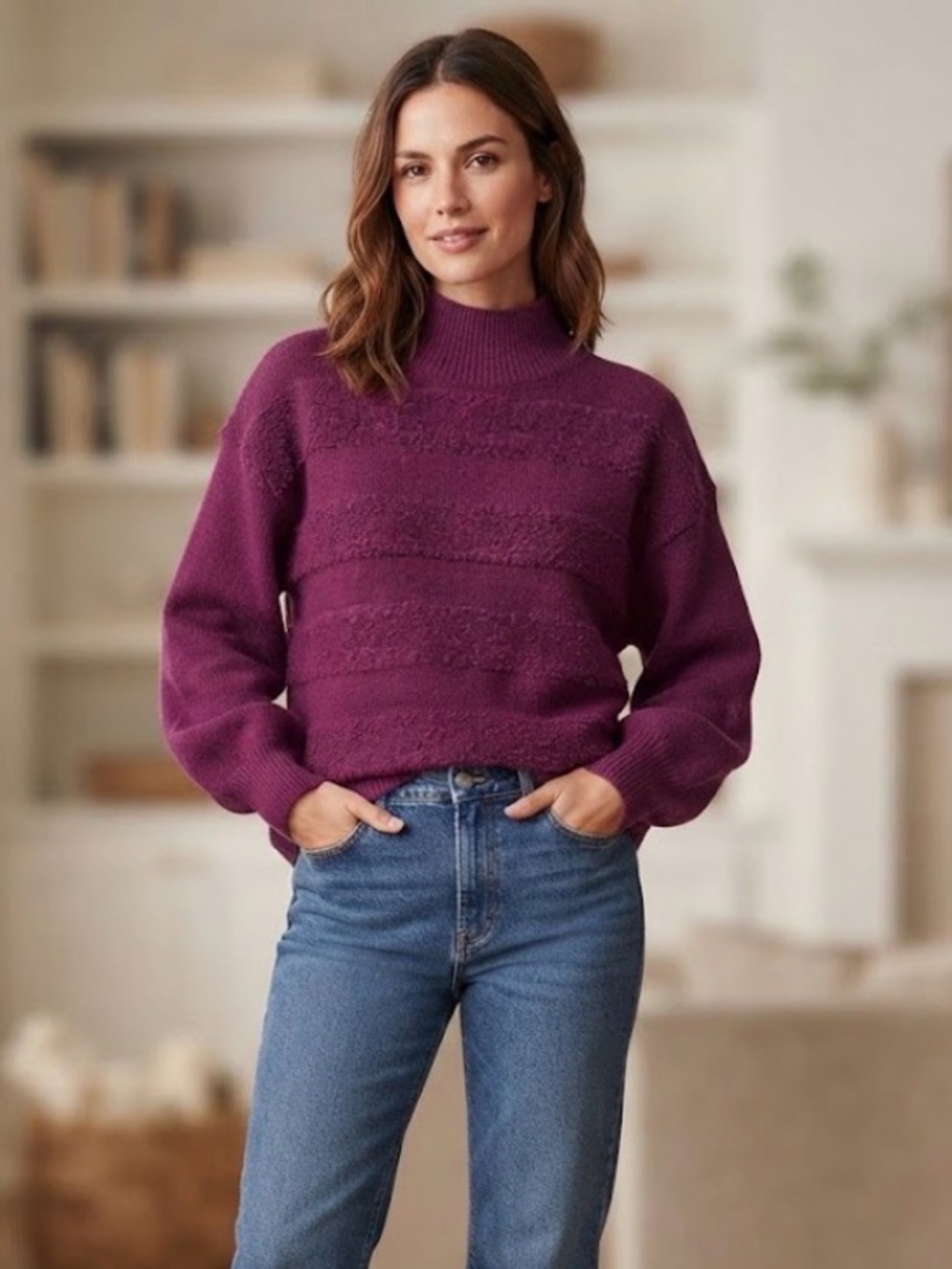 Monograph Plum/Magenta Mock Neck Sweater with Textured Bands – Size M